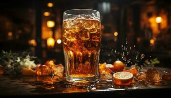 A dark bar, whiskey glass, cold beer, refreshing night celebration generated by AI photo