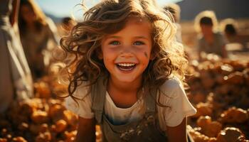 sonriente niño al aire libre, felicidad en alegre infancia, muchachas teniendo divertido generado por ai foto