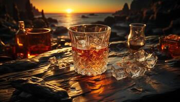 Whiskey glass on bar table, ice melting, sunset reflection generated by AI photo