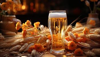 Fresh seafood and beer on wooden table, a gourmet celebration generated by AI photo