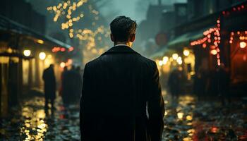 A lone businessman walks through the illuminated city at night generated by AI photo