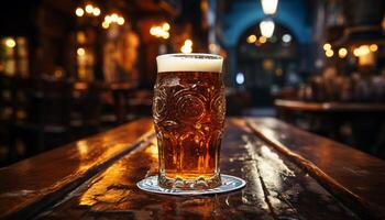 A dark pub table, a frothy pint glass, a refreshing drink generated by AI photo