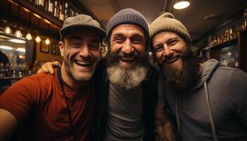 un grupo de hombres sonriente, abrazando, y mirando a cámara generado por ai foto