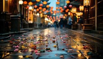 Nighttime city life illuminated by multi colored lanterns, celebrating diverse cultures generated by AI photo