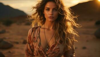 joven mujer, al aire libre, belleza en naturaleza, largo cabello, mirando a cámara generado por ai foto