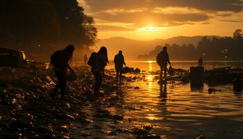 silueta de hombres y mujer caminando juntos en tranquilo puesta de sol generado por ai foto