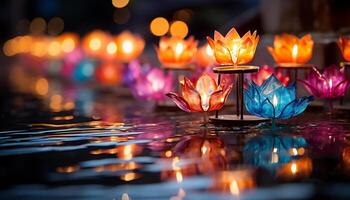 Candle flame reflects on water, symbolizing spirituality and relaxation generated by AI photo