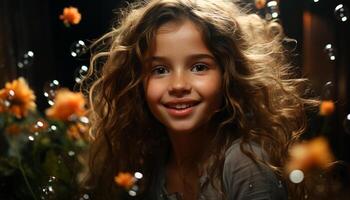 sonriente niña con Rizado pelo disfruta Navidad luces al aire libre a noche generado por ai foto