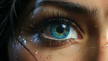 Close up of a young woman blue eye, looking at camera generated by AI photo