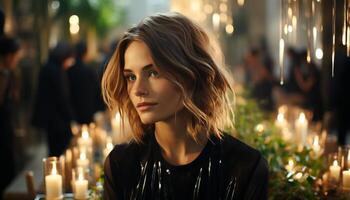 A beautiful young woman, illuminated by candlelight, looking at camera generated by AI photo