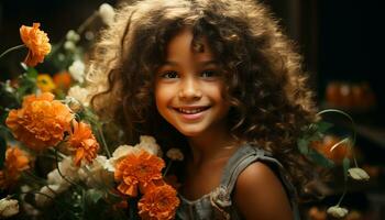 Smiling child, outdoors, curly hair, joy, nature, beauty, innocence, happiness generated by AI photo