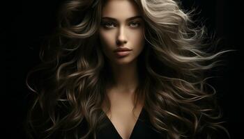 Beautiful woman with long curly hair, looking sensually at camera generated by AI photo