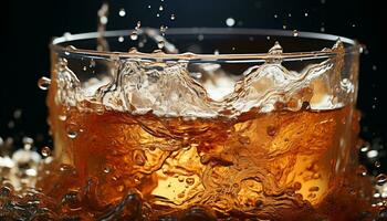 Refreshing drink pouring into glass, creating splashing motion generated by AI photo