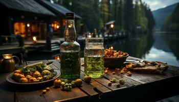 Fresh organic vegetables on a rustic wooden table, nature gourmet meal generated by AI photo