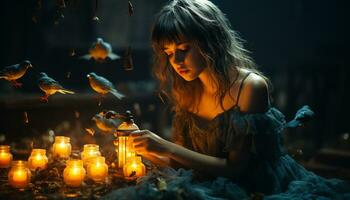 A young woman smiles, holding a candle, illuminating the dark night generated by AI photo