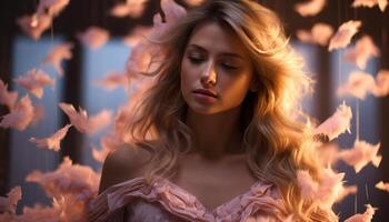 A beautiful young woman with long blond hair in autumn generated by AI photo