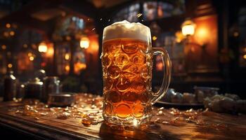 Frothy beer in a glass, illuminated pub, celebrating German culture generated by AI photo