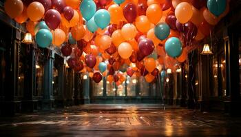 Bright multi colored balloons illuminate the night, bringing joy and celebration generated by AI photo