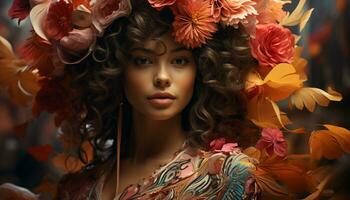 A beautiful young woman with curly brown hair and elegance generated by AI photo