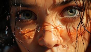 Smiling child enjoys nature, raindrop reflects innocence and beauty generated by AI photo