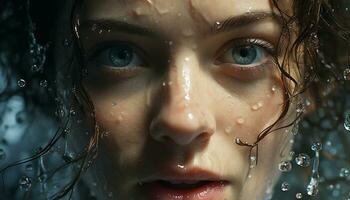 A wet drop on a woman face, capturing beauty and freshness generated by AI photo