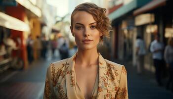 A confident young woman, outdoors, looking at camera with elegance generated by AI photo