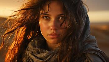 Young woman with long brown hair smiling, looking at camera outdoors generated by AI photo