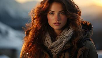 Young woman outdoors, looking at camera, smiling, with long brown hair generated by AI photo