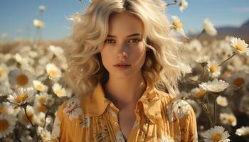 Young woman with blond hair smiling, looking at camera in meadow generated by AI photo