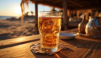 bebida en mesa, alcohol en madera, verano cerveza al aire libre generado por ai foto