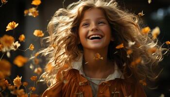 sonriente mujer disfrutando otoño al aire libre, rodeado por naturaleza belleza generado por ai foto