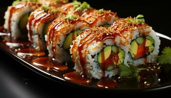 Freshness and cultures on a plate seafood, maki sushi, avocado generated by AI photo