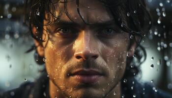 One wet adult man, close up portrait, looking at camera generated by AI photo