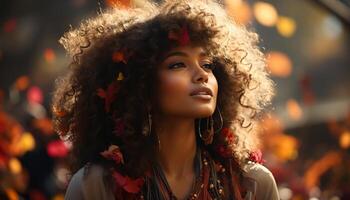 A young woman with curly hair smiling outdoors, radiating happiness generated by AI photo