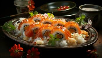 Freshness and cultures on a plate, seafood meal for lunch generated by AI photo