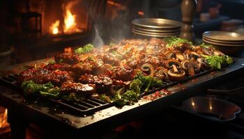 A la parrilla parilla carne, cocido al aire libre, trae frescura a el comida generado por ai foto