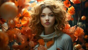 un hermosa joven mujer con rubio pelo en otoño Moda generado por ai foto