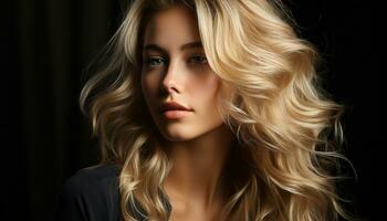 Blond haired woman, beauty, portrait, adult, young, fashion model, sensuality generated by AI photo