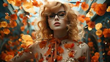 A beautiful young woman with blond hair in autumn fashion generated by AI photo