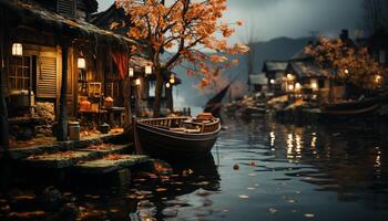 Nautical vessel sails through tranquil waters, reflecting autumn beauty generated by AI photo