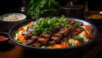 Grilled meat on a wooden plate, fresh salad with tomato generated by AI photo