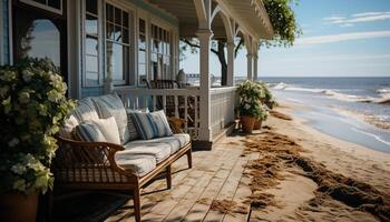 Modern architecture blends with nature in this comfortable outdoor living space generated by AI photo