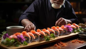 A man hand expertly holds fresh sushi on a plate generated by AI photo