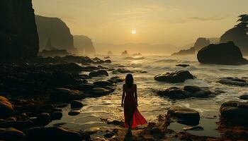 Two women standing on a cliff, admiring the sunset generated by AI photo