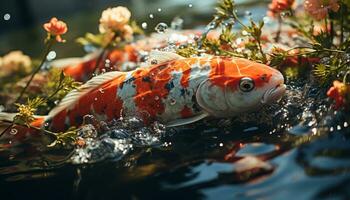 Colorful koi carp swim gracefully in a vibrant underwater world generated by AI photo