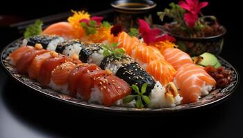 Fresh seafood plate, sushi rolls, healthy eating, Japanese culture, dining generated by AI photo