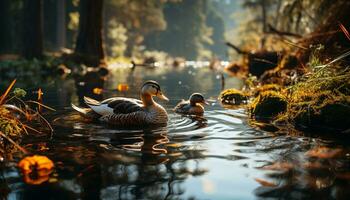 Pato en estanque, rodeado por naturaleza belleza, reflejando otoño colores generado por ai foto