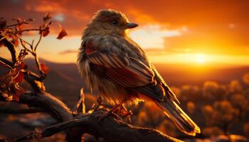 Bird perching on branch, feathers glowing in sunset golden sunlight generated by AI photo