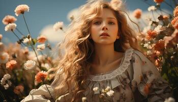 Young woman in a meadow, smiling, enjoying the beauty of nature generated by AI photo