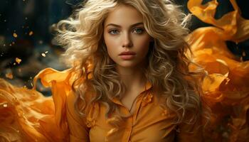 A beautiful young woman with long blond curly hair smiling generated by AI photo
